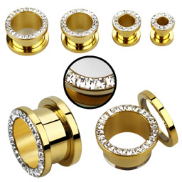 Zeige Details für 1 x Ohr Piercing Flesh Tunnel gold mit Steinen und Überzug Bild von 1 x Ohr Piercing Flesh Tunnel gold mit Steinen und Überzug