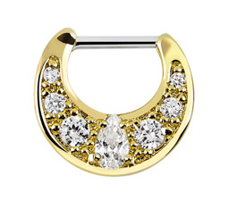 Bild von Septum Clicker Nasenpiercing Gold beschichtet mit klaren Steinen