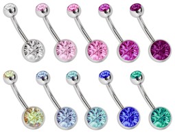 Bild von Bauchpiercing SET Stahl 1,6 x 8, 10, 12 mm mit 8 mm + 5 mm Steinkugel