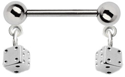 Zeige Details für Brustpiercing Stahl Stab mit 2 Verschlusskugeln + 2 Würfelanhänger Bild von Brustpiercing Stahl Stab mit 2 Verschlusskugeln + 2 Würfelanhänger