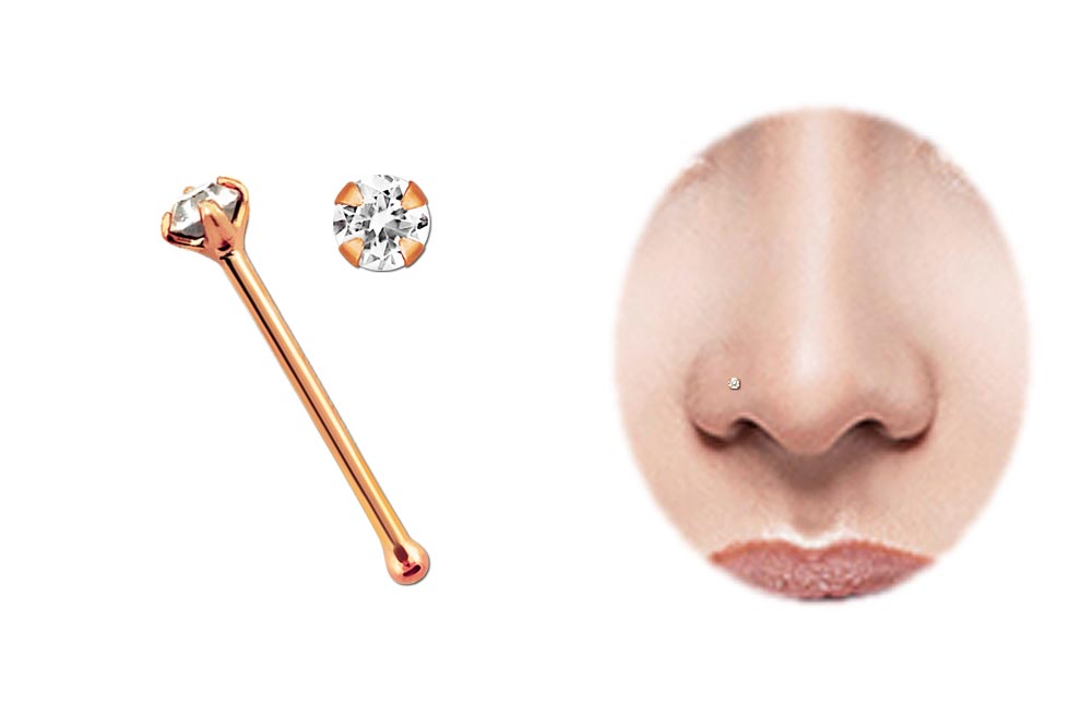 Bild von Piercing Nasenstecker Stahl Rosegold 0,8 mm mit Stein und Stopper