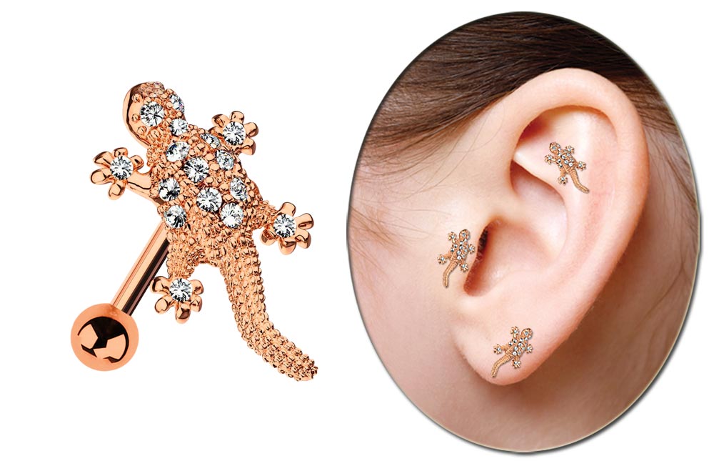 Bild von Ohrpiercing Helix Tragus Lobe, Echse Rosegold mit Stab und Kugel in 1,2 mm