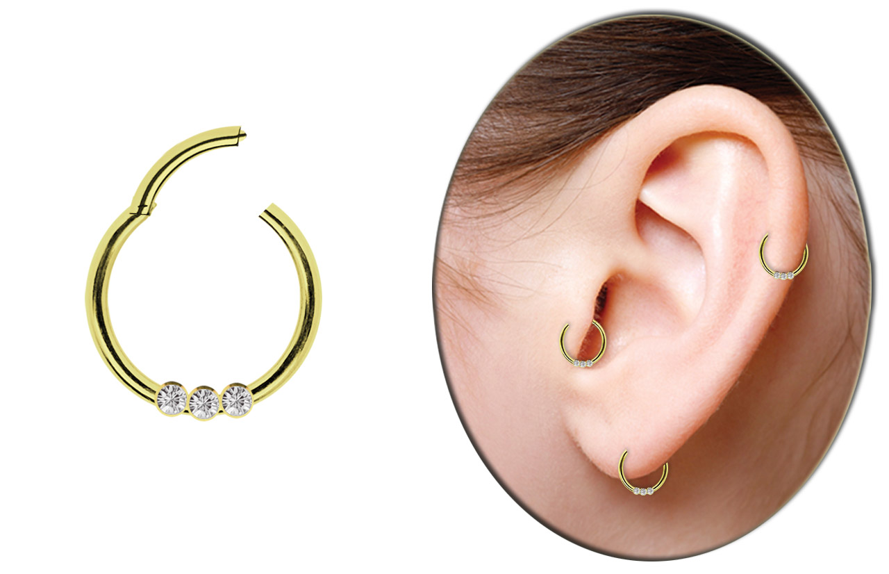 Bild von Piercing Smooth Segment Ring Clicker Stahl Gold mit 3 Steinen in 1,2 mm