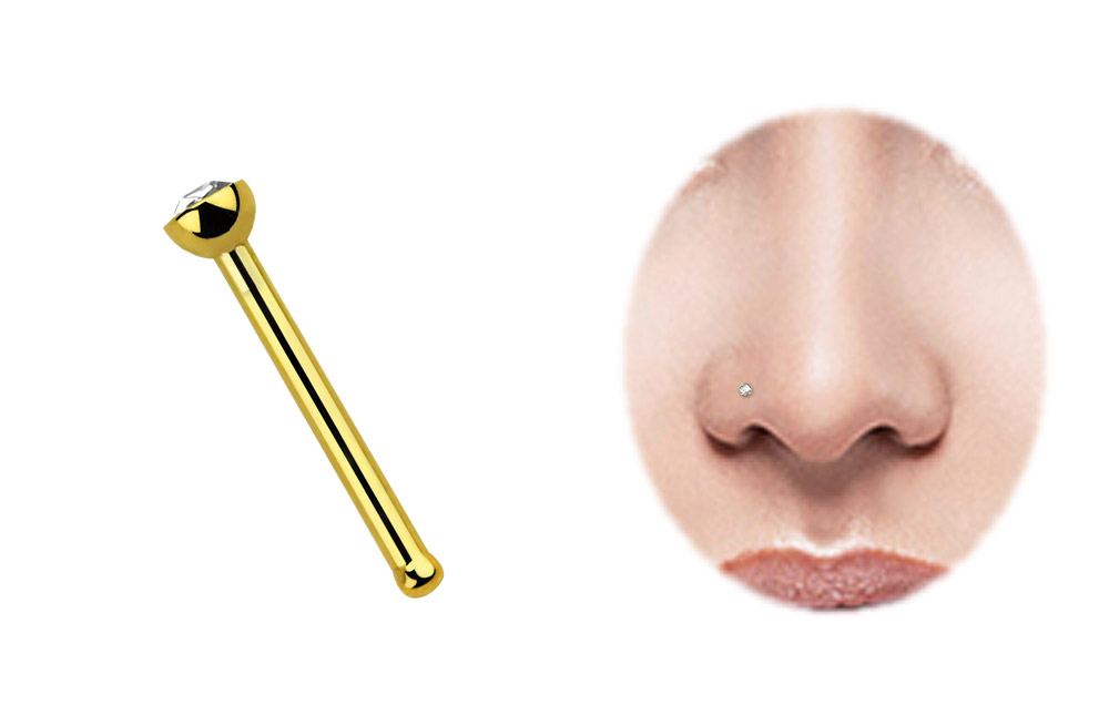 Bild von Piercing Stahl Nasenstecker mit Stein, vergoldet in 0,8 mm mit Stopper