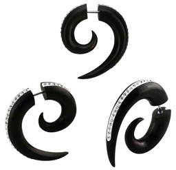 Bild von Ohrpiercing Schmuck Fake Dehner Spirale mit Steinen aus Holz, schwarz