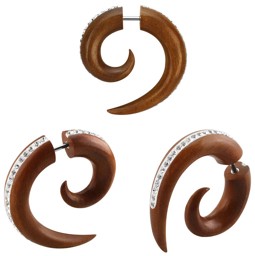 Bild von Ohr Piercing Schmuck Fake Dehner Spirale mit Steinen aus Holz, braun