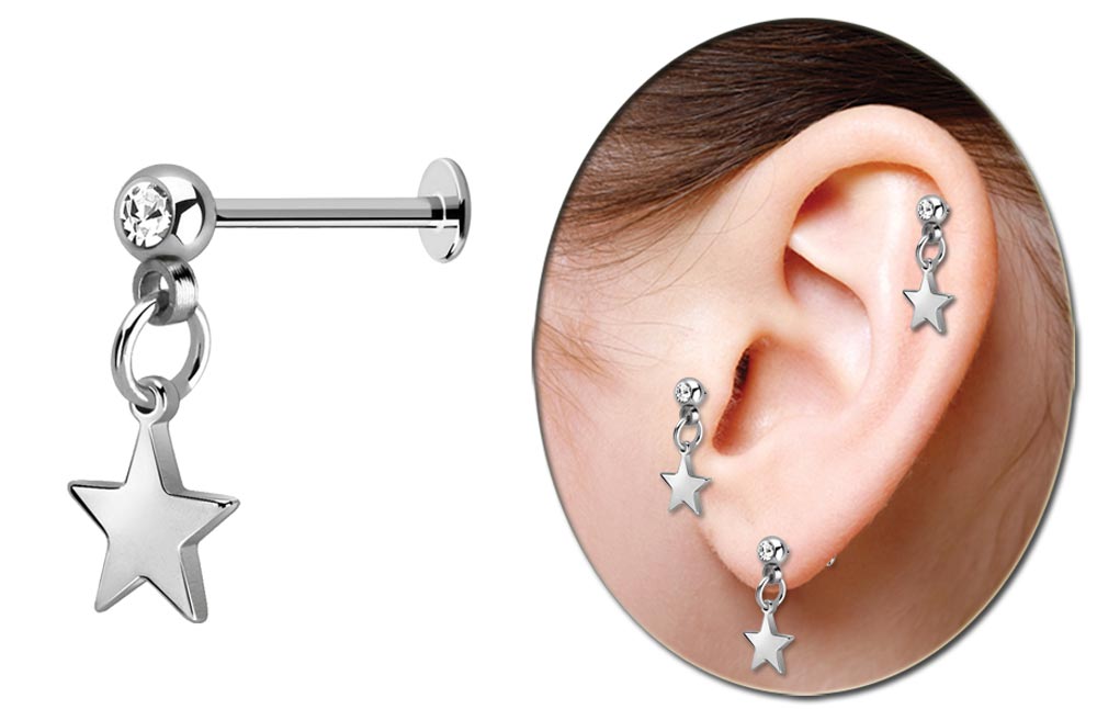 Bild von Ohrpiercing, Helix, Labret mit Steinkugel und Stern in 1,2 mm