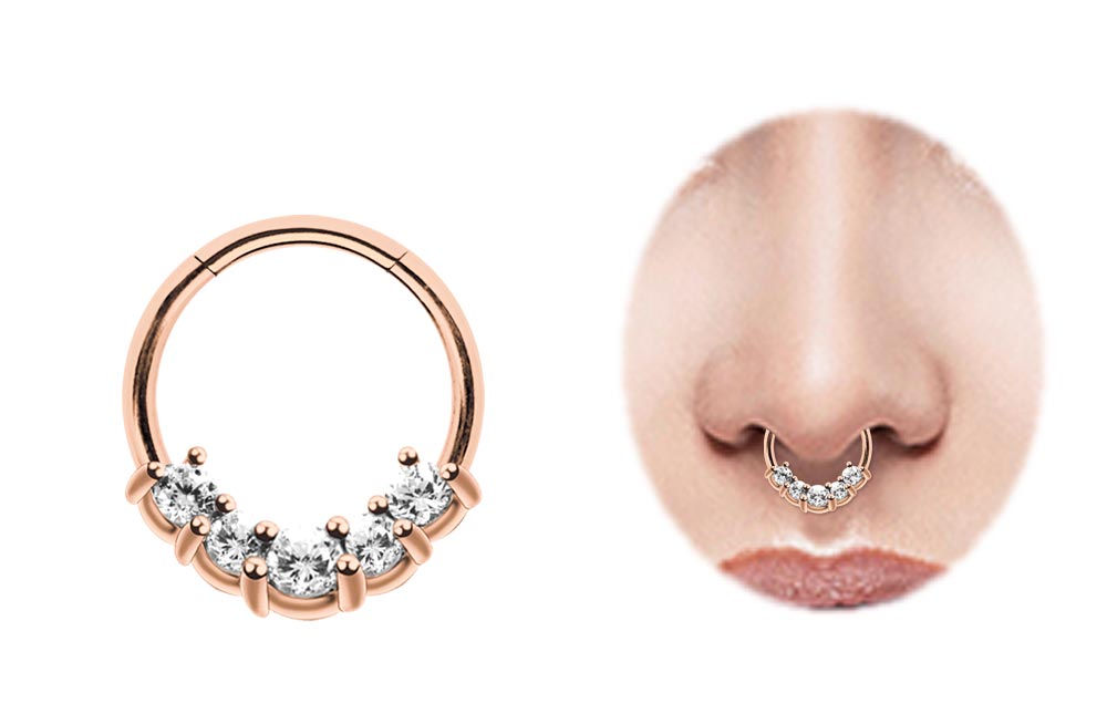 Bild von Piercing Ring Smooth Segment Clicker mit fünf Steinen, Rosegold 1,2 mm