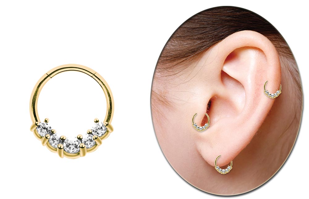 Bild von Piercing Ring Smooth Segment Clicker mit fünf Steinen, Gold 1,2 mm