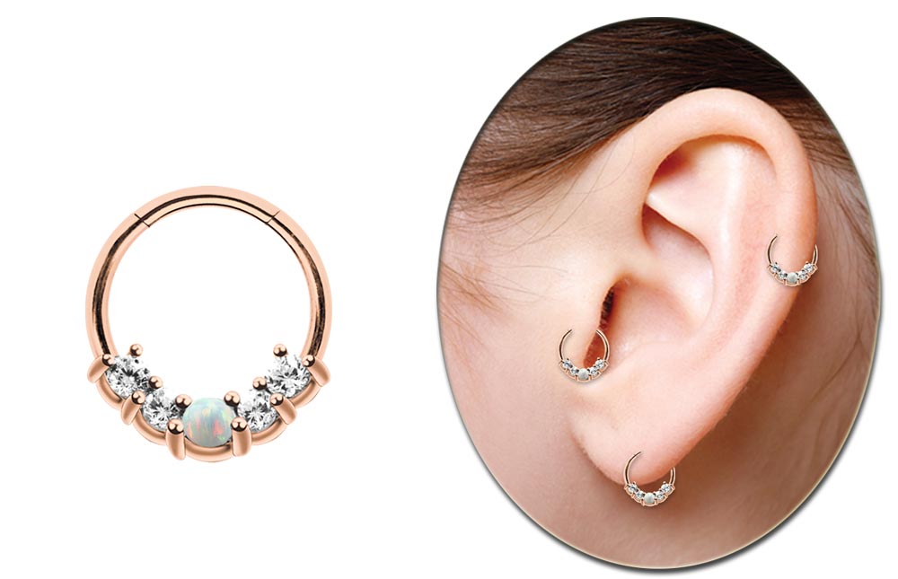 Bild von Piercing Smooth Segment Clicker mit Steinen und Opal, Rosegold 1,2 mm