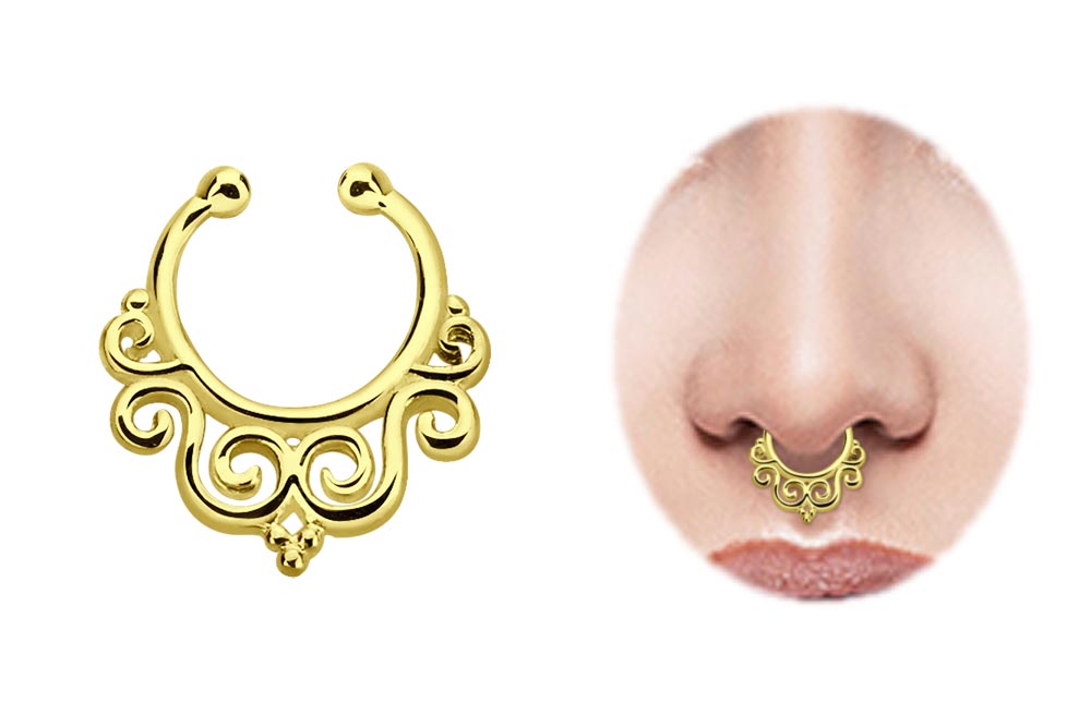 Bild von Nasenpiercing Fake Ring Septum Gold mit Ornament, 1,0 x 9 mm