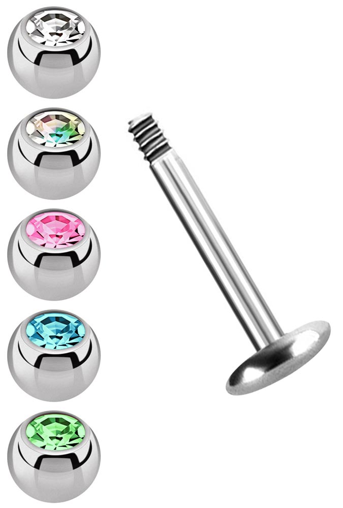 Bild von Stahl Piercing Set Labret in 1,6 mm mit 5 farbigen Stein-Kugeln