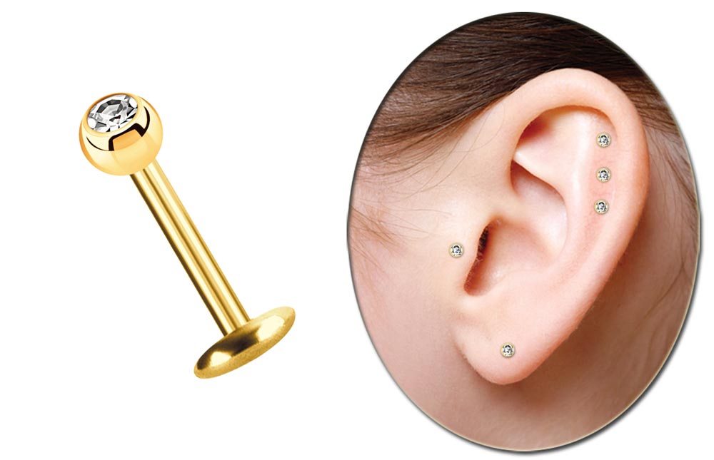 Bild von Piercing Labret, Gold, 4 mm Platte in 1,2 x 6-10 mm mit 3 mm Steinkugel