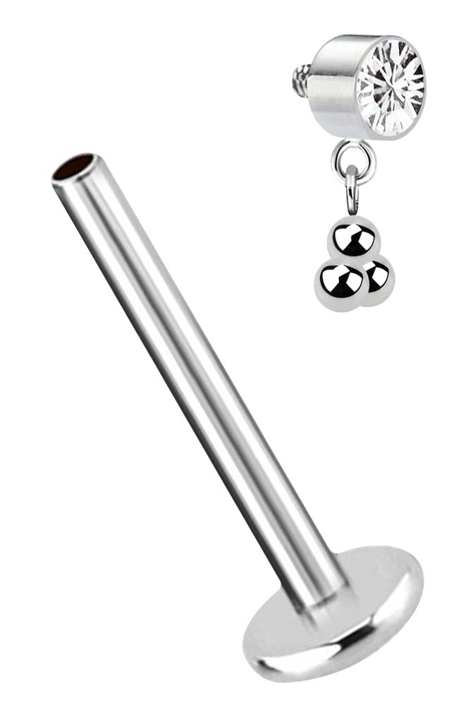 Bild von Ohr Piercing Labret Stud in 1,2 mm und Steinplatte mit Kugel-Hänger