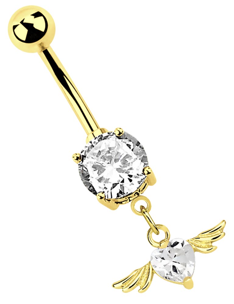 Bild von Bauchnabel Piercing Banane mit Zirkonia und Flügel Anhänger, Gold