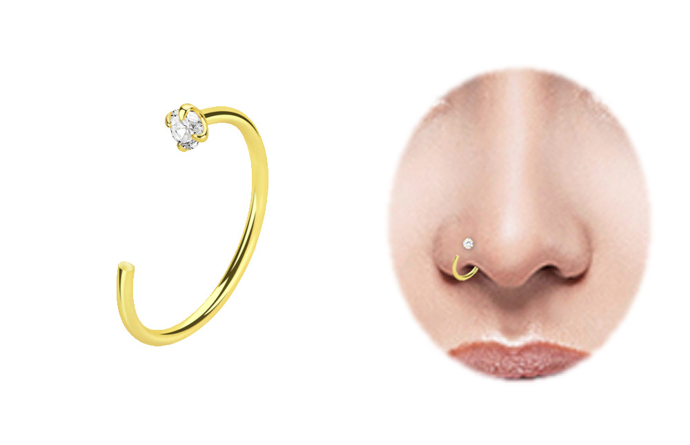 Nasenpiercing Hoop Nasenring vergoldet 0,8 mm mit Stein-Stopper