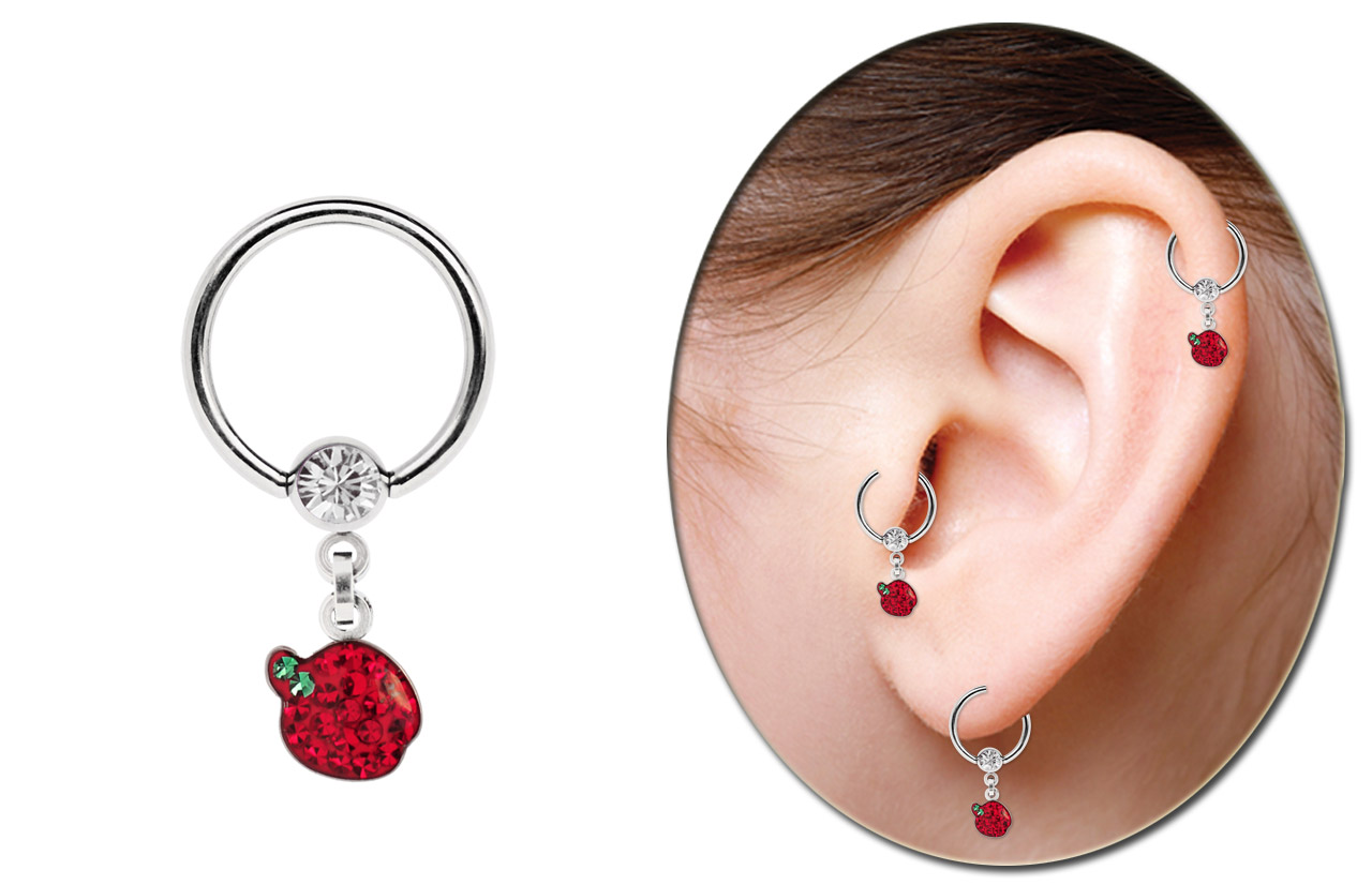 Intim Piercing Ring Stahl 5 mm Kugel mit Kette + Apfel mit Steinen