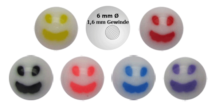 Bild von Piercing Schmuck Acryl Verschlusskugel mit Smiley in 1,6 x 6 mm