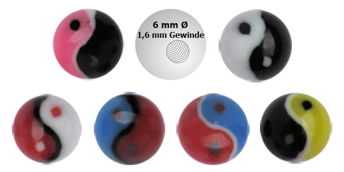 Bild von Piercingschmuck Acryl Verschluss Kugel, Ying Yang in 1,6 x 6 mm