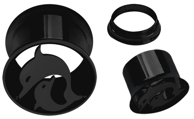 Bild von Ohrpiercing 316l Stahl Flesh Tunnel schwarz mit Delphin in 8-14 mm