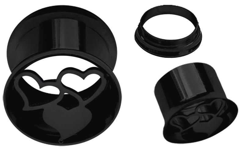 Bild von Ohr Piercing 316l Stahl Flesh Tunnel schwarz mit Herzen in 8-14 mm