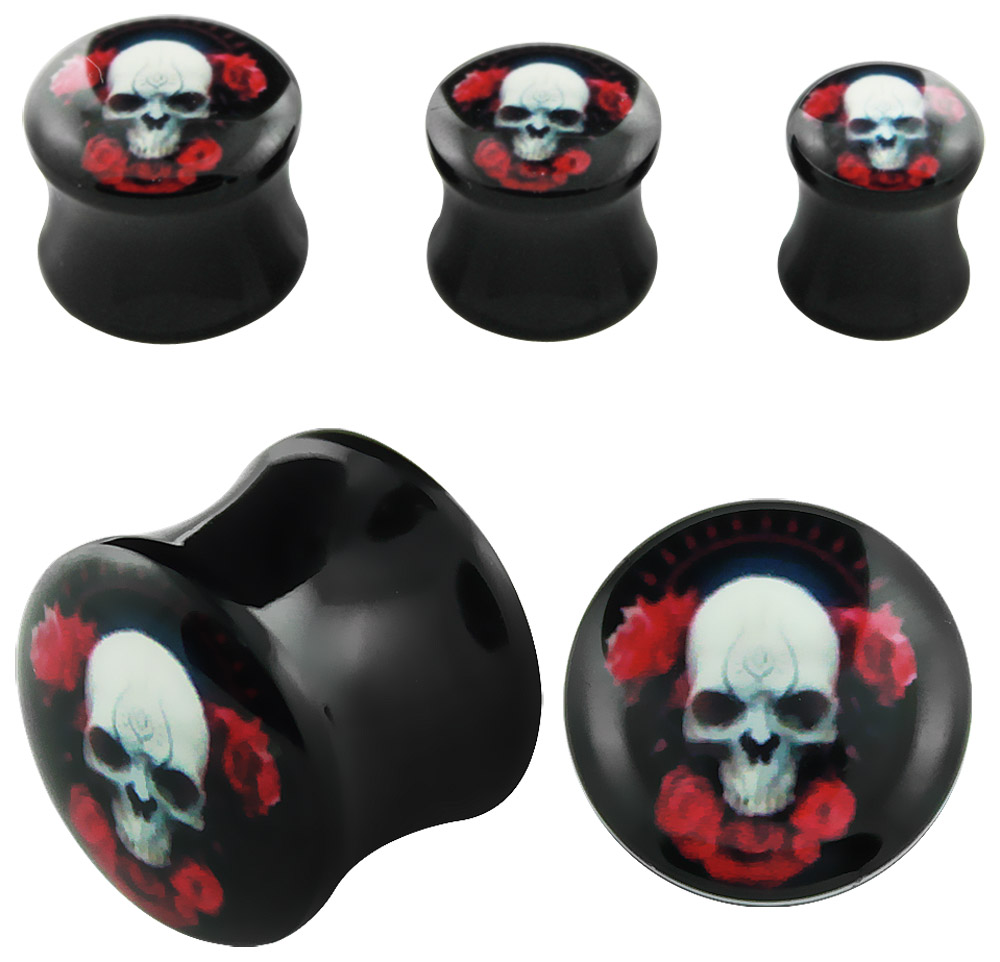 Bild von Ohr Piercing Schmuck 1 x Acryl Plug Totenkopf + Rosen in 8-16 mm