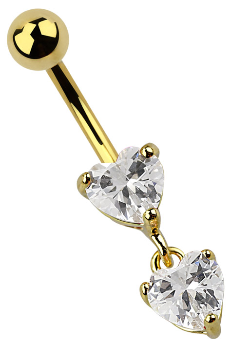 Bild von Bauchpiercing Banane Gold beschichtet mit zwei Stein-Herzen