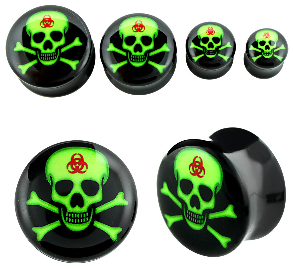 Bild von Ohrpiercing 1 x Acryl Plug Totenkopf mit Biohazard in 4-16 mm