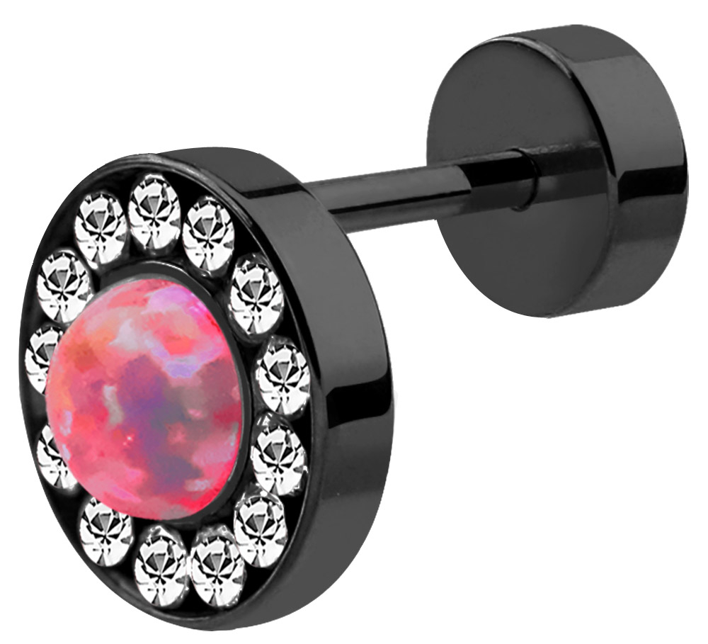 Bild von Ohr Piercing Fake Plug, schwarz, mit Opal und Steinkranz, 1,2 mm 