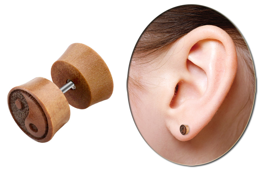 Bild von Ohrpiercing Stecker, Fake Plug Holz mit Ying Yang Motiv, 1,2 x 6 mm