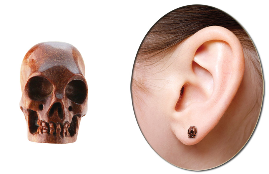 Bild von Ohrpiercing Schmuck Dehnstab aus Holz mit Totenkopf in 4-10 mm