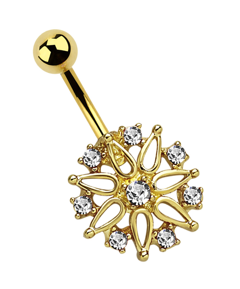 Bild von Bauchnabelpiercing 316l Stahl Gold Banane, Blume mit acht Steinen