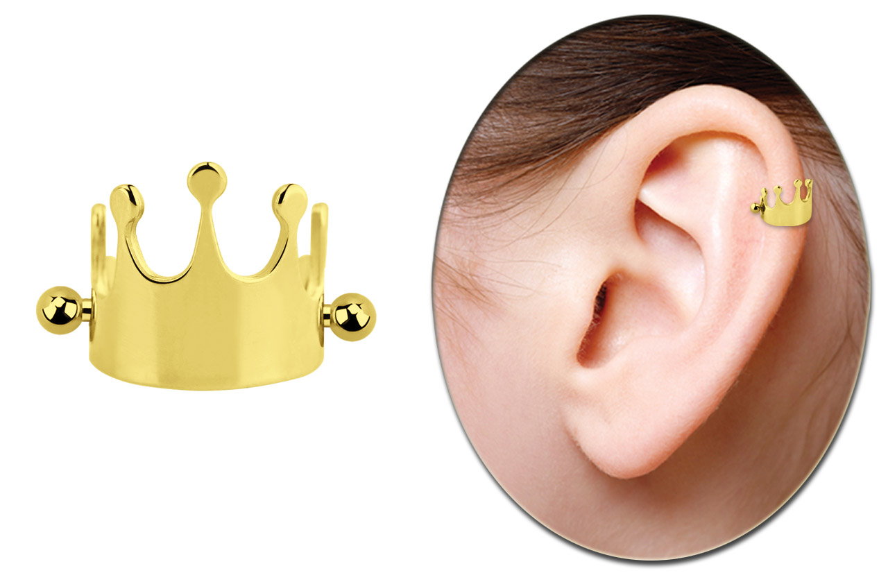 Bild von Ohrpiercing Helix Schild Krone Gold mit Stab und Kugeln in 1,2 mm