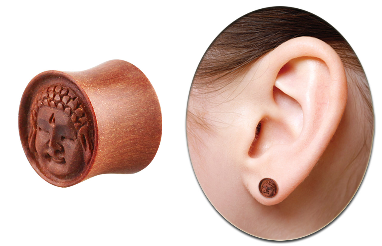 Bild von Ohrpiercing Schmuck Plug aus Sawo Holz mit Buddha in 10-16 mm