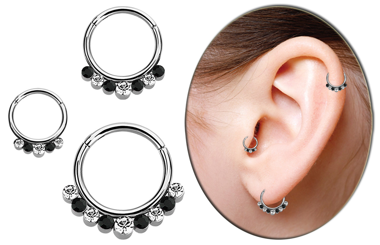 Bild von Piercing Ring Segment Clicker Stahl 1,2 mm mit Steinen 2-farbig