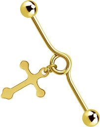 Bild von Industrial Piercing Stahl Stab Gold mit Spirale und Kreuz