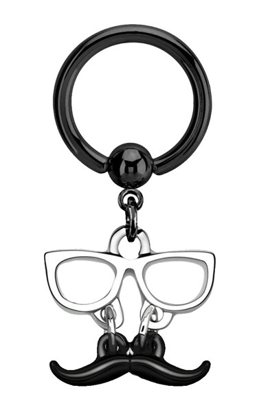 Bild von Intimpiercing Ring PVD schwarz 1,6 mm Anhänger mit Brille und Bart