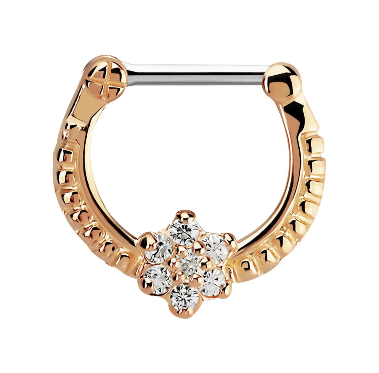 Bild von Septum Clicker Nasenpiercing Rose Gold, Blume mit 7 Steinen