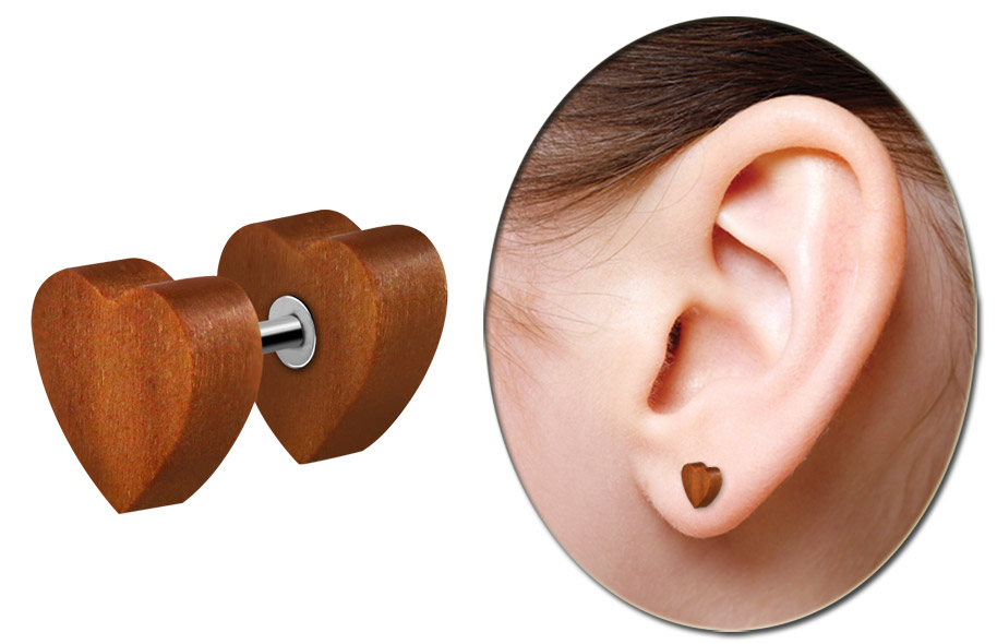 Bild von Ohr Piercing Stecker, Fake Plug Holz mit Herz in 1,2 x 6 mm