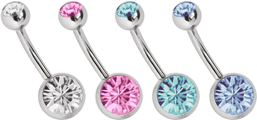 Bild von Titan Bauchnabelpiercing 4er Set Banane mit 8+5 mm Steinkugeln