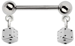 Bild von Brustpiercing Stahl Stab mit 2 Verschlusskugeln + 2 Würfelanhänger