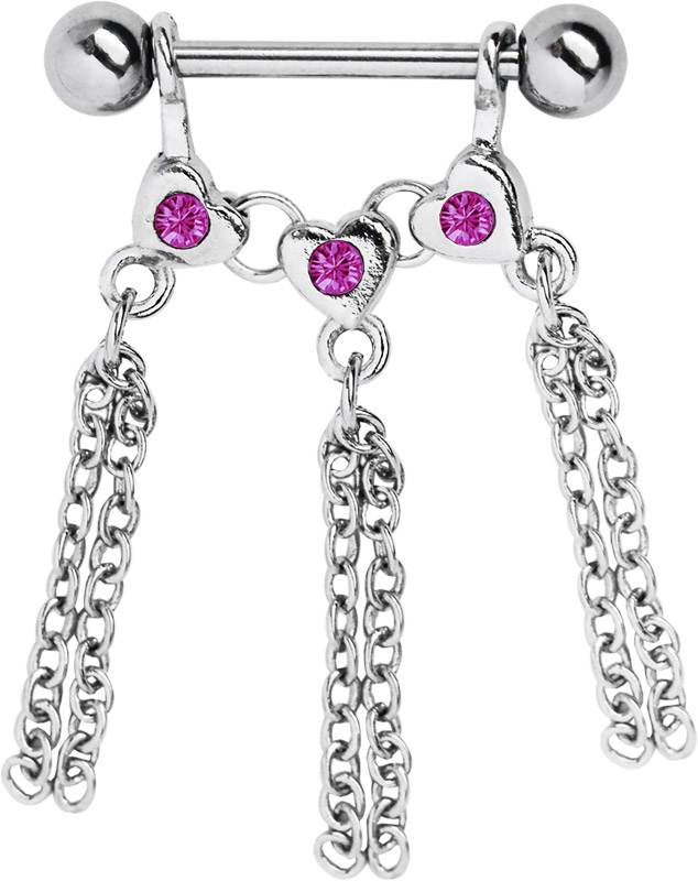 Bild von Brust Piercing Gliederkette mit 3 Herzen +  Steine + Ketten