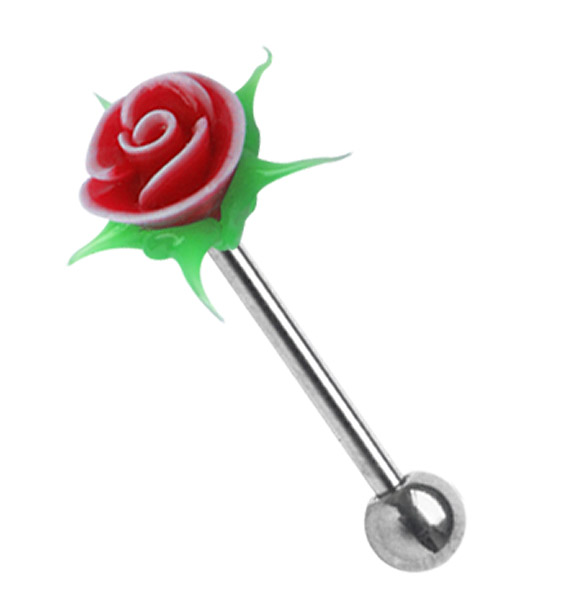 Bild von Piercing Schmuck Zungenstab 316l Stahl mit Rose aus Silikon