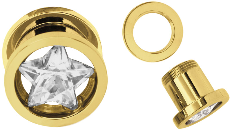 Ohrpiercing Flesh Tunnel gold 3-16 mm, Stein Stern