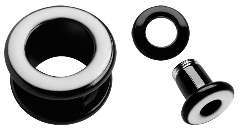 Bild von Ohrpiercing Flesh Tunnel, schwarz mit weißem Kranz in 6-12 mm