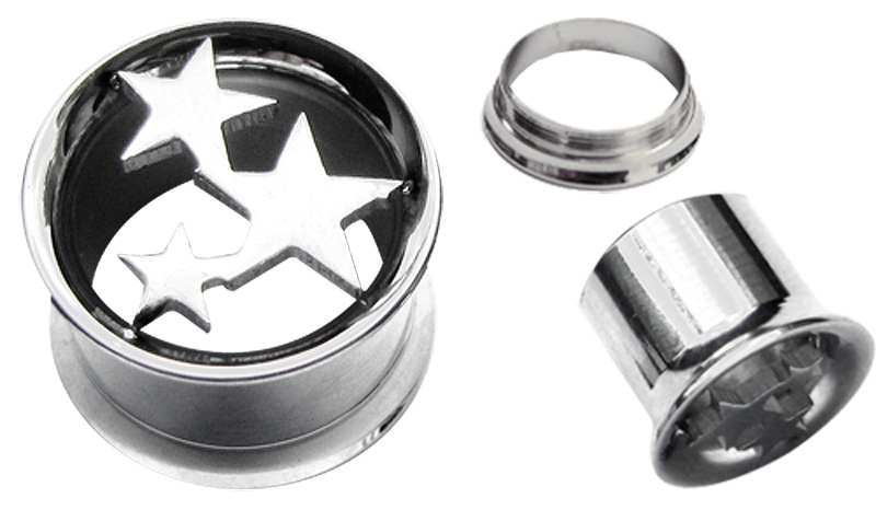 Bild von Ohr Piercing Schmuck Stahl Flesh Tunnel in 8-14 mm mit 3 Sternen