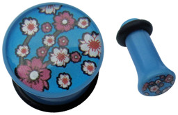 Bild von Ohrpiercing Schmuck Acryl Plug blau mit Blumen in 4 und 14 mm