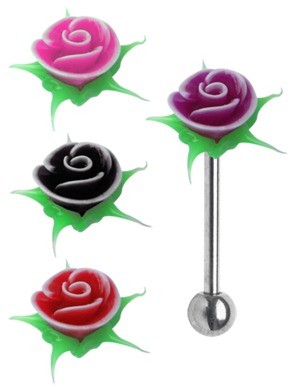 Bild von Piercingschmuck Zungenstab 316l Stahl mit Rosen Set aus Silikon