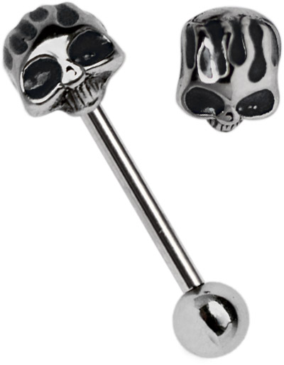 Bild von Piercing Stab Stahl 316L mit Totenkopf Stahl als Zungenpiercing