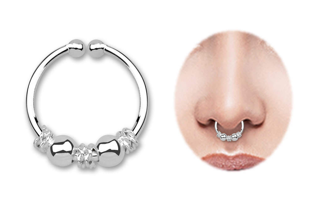 Bild von Nasenpiercing Fake Ring Septum Klemmring mit Kugeln in Silber, 1,0 x 10 mm